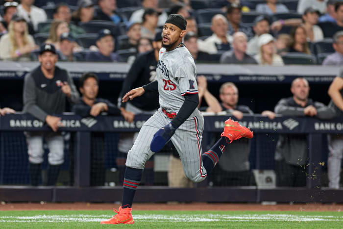 Apr 14, 2023; Bronx, New York, USA; Minnesota Twins center fielder Byron Buxton (25) scores a run during the top of the eighth inning against the New York Yankees at Yankee Stadium.